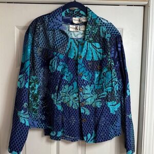 Y2K 90w Women's Blue Teal Floral Snake Bling Button Up Shirt Jacket Sz Med Lg